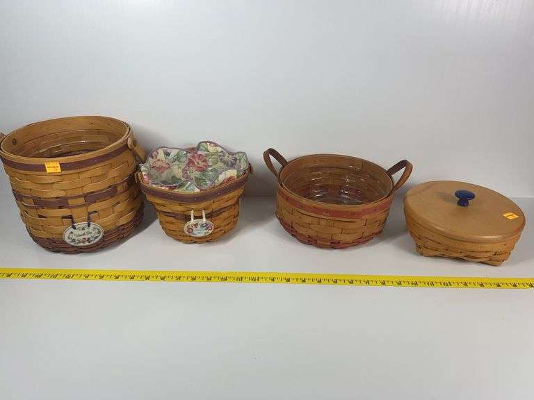 Longaberger Catch All Basket with Wooden Lid, Longaberger Round Basket with Leather Handles, Longabe