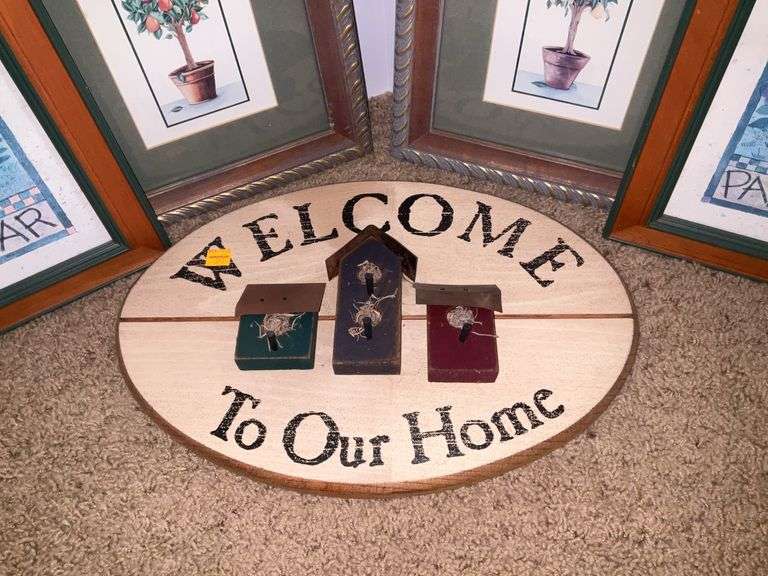 4 Framed Prints, 1 Hanging Wall Decor. Sign