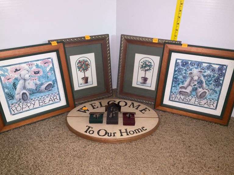 4 Framed Prints, 1 Hanging Wall Decor. Sign