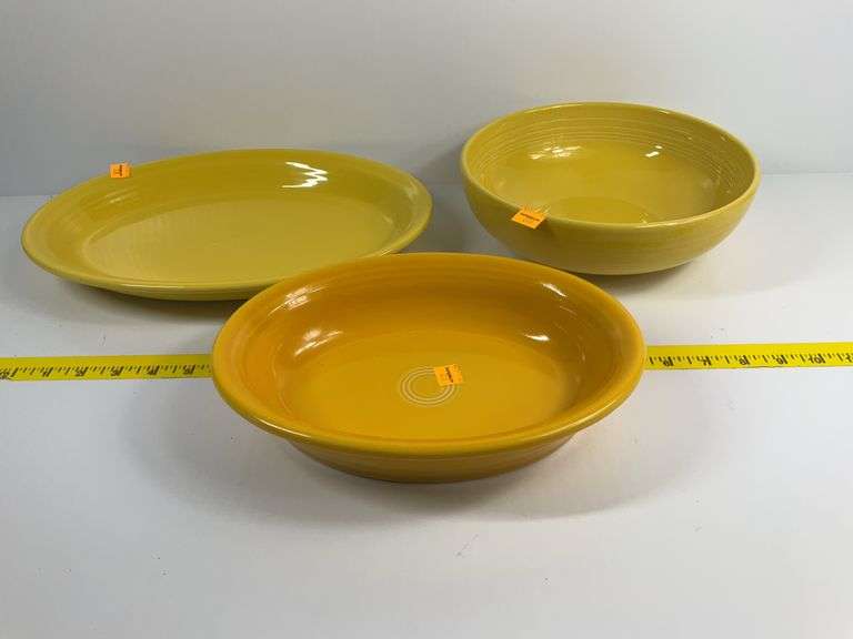 Yellow Fiesta Ware Platter, Bowls and Vegetable Bowl