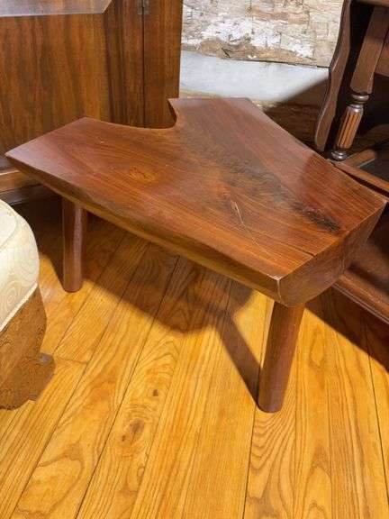 Wooden drop leaf stand with wheels and log bench