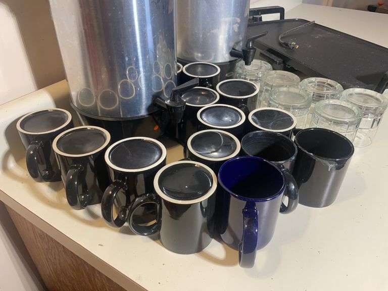 Griddle, mugs, (2) coffee warmers, and drinking glasses