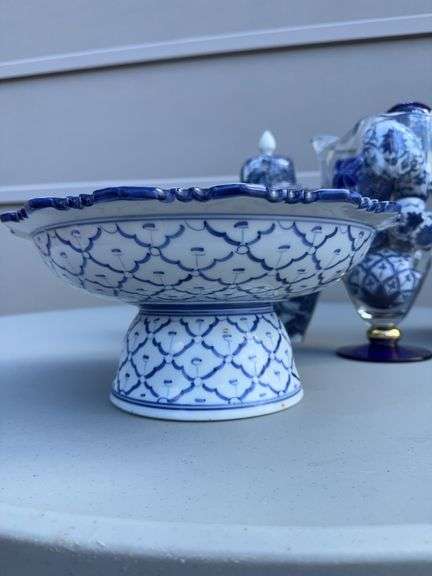 White and Blue Bowl, Porcelain Eggs, Glass Balls, Pitcher and a Spice Jar