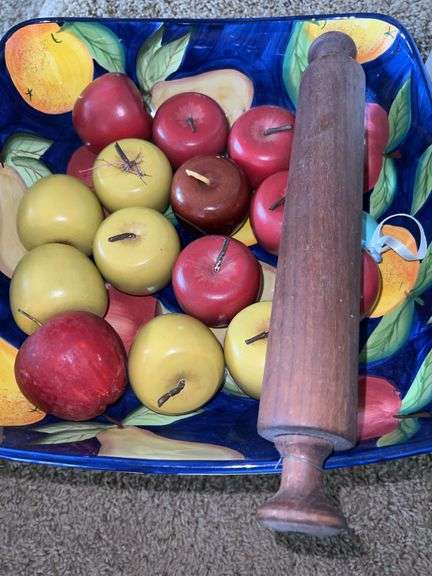 Tabletops Unlimited Orchard Fruit Pedestal Bowl with Wooden Apples and Wooden Rolling Pin