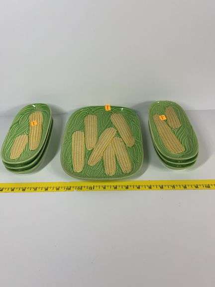 Corn Plate and (6) Trays, Made in Japan