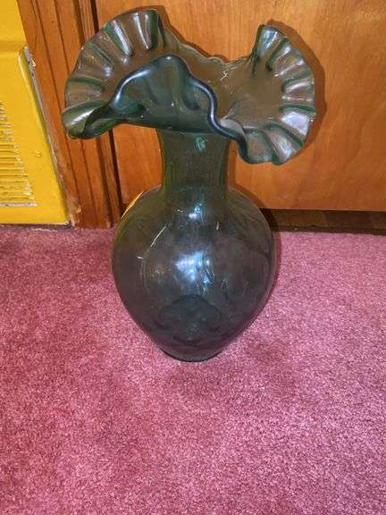 Fenton Green Ruffled Quilted Vase