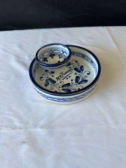 Blue and White Patterned Floral Arranger, Vase, Measuring Cups, (2) Corks, and Dish
