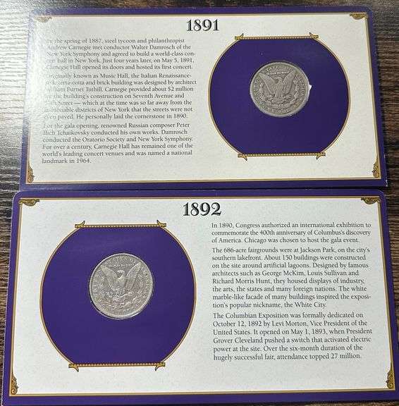 Lot of Two (2) Morgan Silver Dollars with Commemorative Cards & Stamps