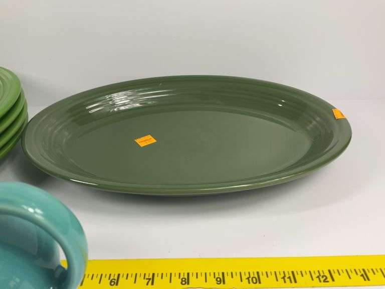 (5) Green Fiesta Ware Plates, Fiesta Ware Platter, Gravy Bowl