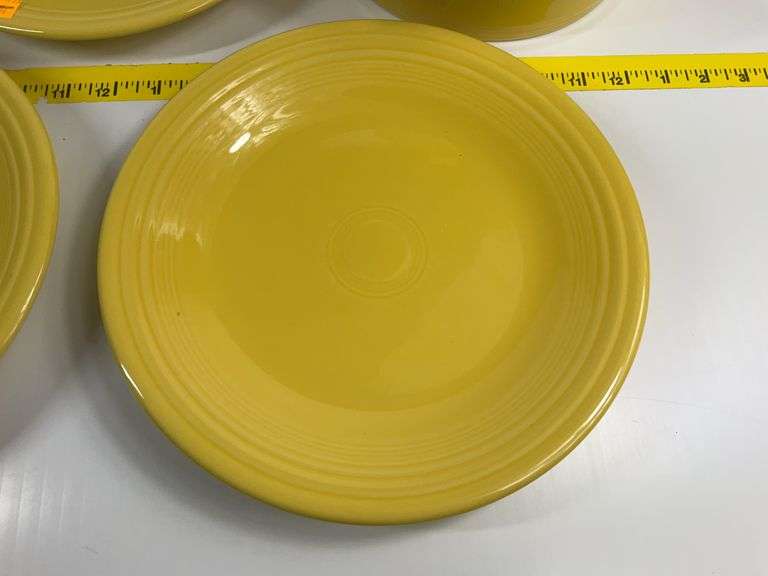 4 Yellow Fiesta Ware Plates, Casserole Dish
