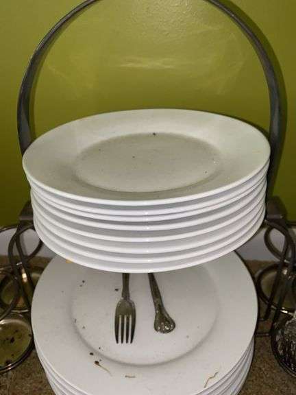 Silver Plated Dish and Silverware Holder, with Silver Plated Utensils and Plates