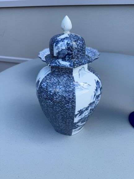 White and Blue Bowl, Porcelain Eggs, Glass Balls, Pitcher and a Spice Jar