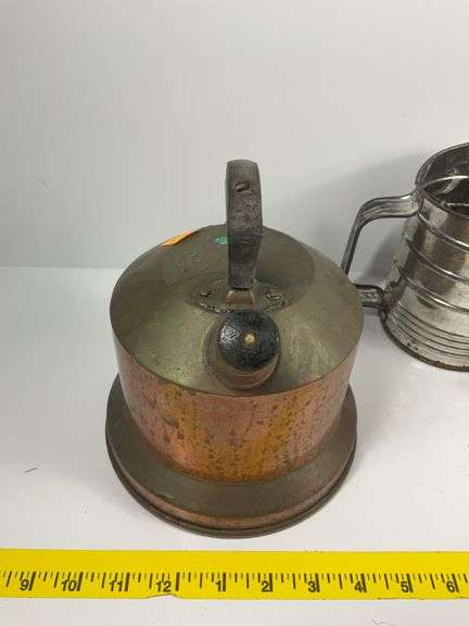 Vintage Sad Iron, Vintage Copper Tea Pot, Vintage Sifter, Nut Cracker Bowl