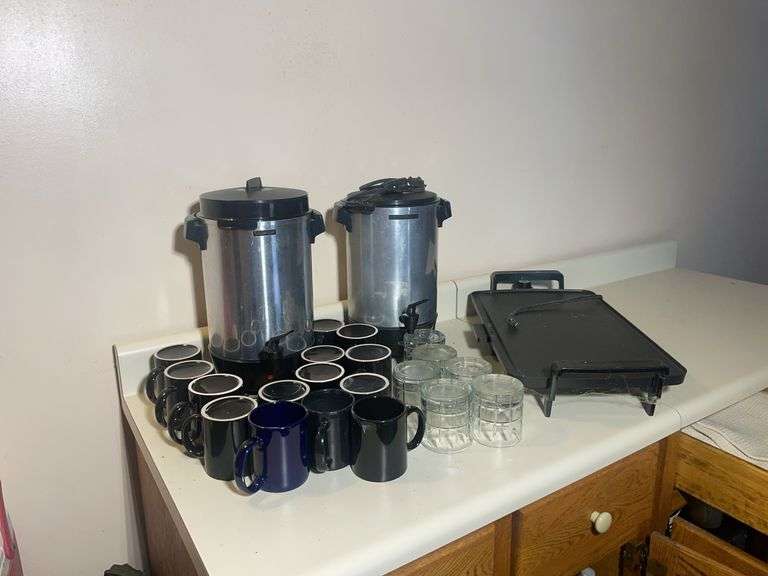 Griddle, mugs, (2) coffee warmers, and drinking glasses