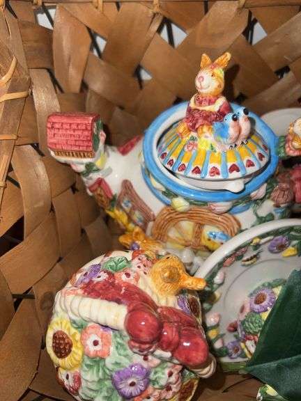 Wicker Basket with Rabbit Garden Teaset