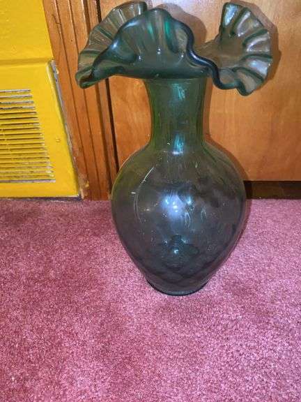Fenton Green Ruffled Quilted Vase