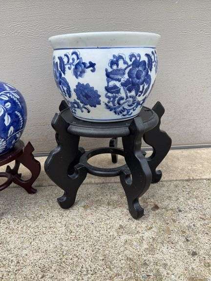 (2) White and Blue Flower Pots