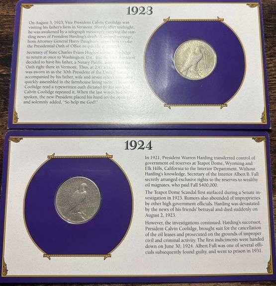 Lot of Two (2) Peace Silver Dollars with Commemorative Cards & Stamps