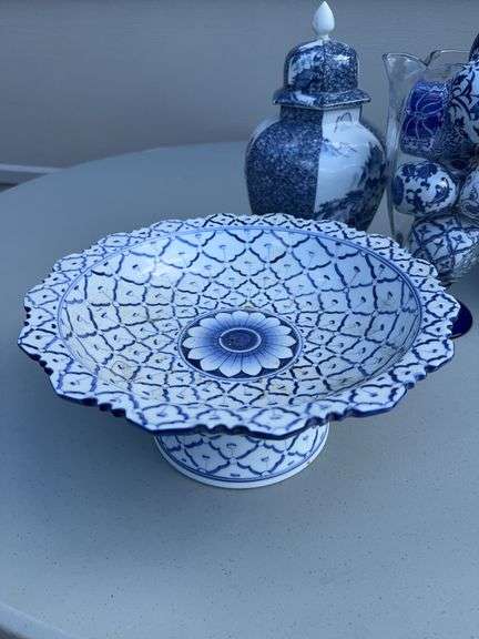 White and Blue Bowl, Porcelain Eggs, Glass Balls, Pitcher and a Spice Jar