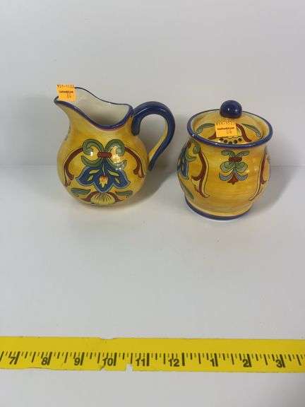 Maxcera Yellow Talavera Creamer and Sugar Pots, Spoon Rest