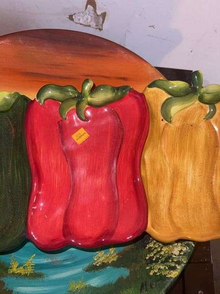 Handpainted Brass Bowl, Ceramic Bell Pepper 3 Tray Platter