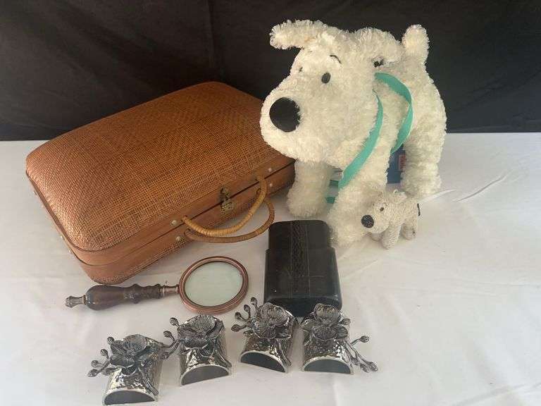 Cigar Case, (2) Stuffed Animals, Basket, (4) Napkin Rings, and other misc.