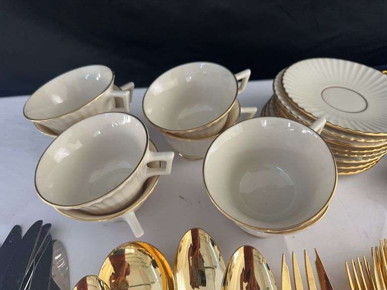 (8) Lenox Cups w/ (8) Plates, (4) Napkin Rings, (12) Knives, (12) Lg. Forks, (12) Sm Forks, (12) Lg 