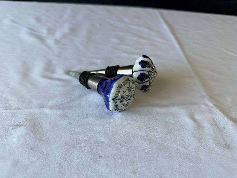 Blue and White Patterned Floral Arranger, Vase, Measuring Cups, (2) Corks, and Dish