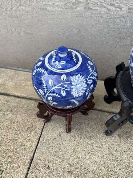 (2) White and Blue Flower Pots