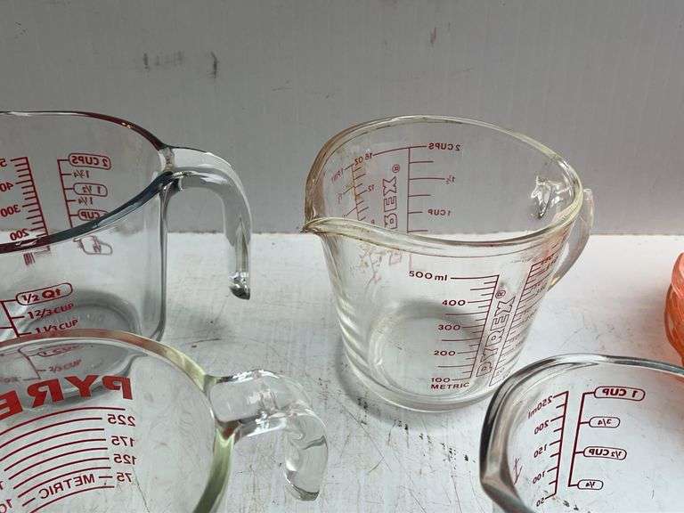 Pyrex & Anchor Hocking Measuring Cups and Depression Era Saucers