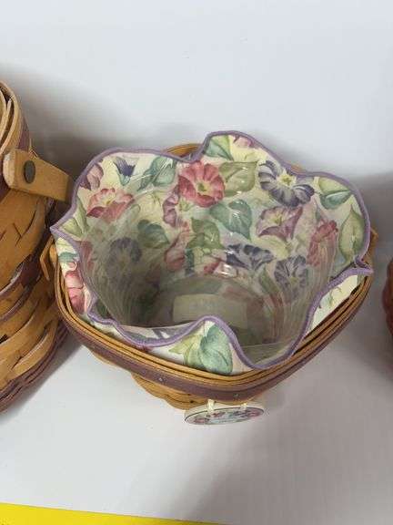 Longaberger Catch All Basket with Wooden Lid, Longaberger Round Basket with Leather Handles, Longabe