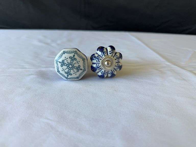 Blue and White Patterned Floral Arranger, Vase, Measuring Cups, (2) Corks, and Dish