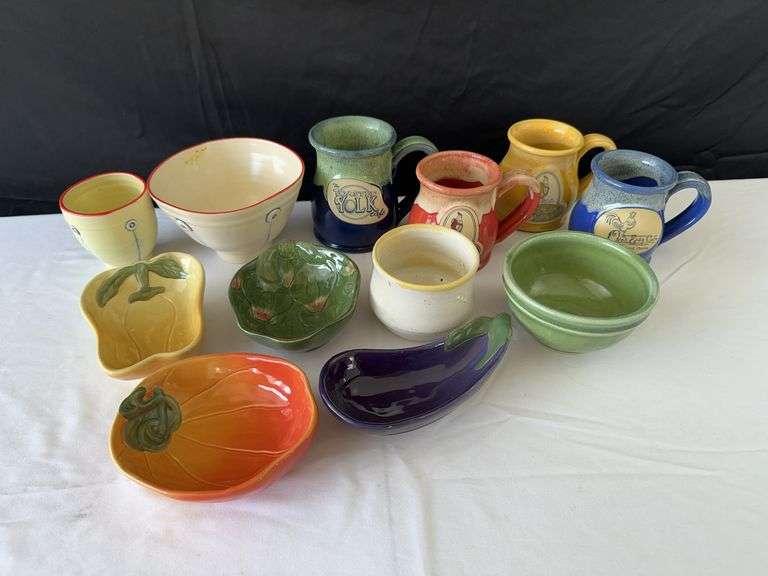 (4) Veggie Dishes, Bowl w/ Matching Cup, (4) Deneen Pottery Mugs, and (2) Dishes