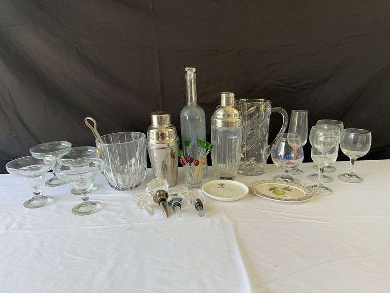 Zecchin Pitcher, (2) Shakers, Glass Bottle, Ice Bucket, (6) Wine Glasses, (4) Margarita Glasses, and
