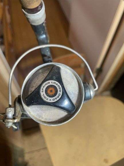 Vintage school desk and 8.5' fishing pole