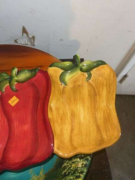 Handpainted Brass Bowl, Ceramic Bell Pepper 3 Tray Platter