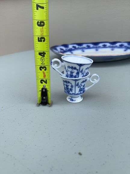 Blue and White Patterned Tea Pot w/ Sugar and Creamer, (2) Tea Cups w/ (2) Plates, and Serving Dish