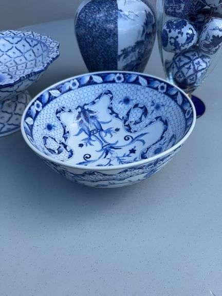 White and Blue Bowl, Porcelain Eggs, Glass Balls, Pitcher and a Spice Jar