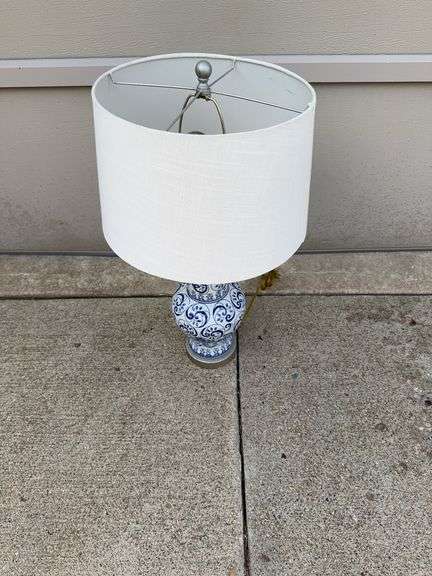 Blue and White Linen Table Lamp (27” H)