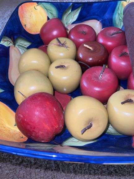 Tabletops Unlimited Orchard Fruit Pedestal Bowl with Wooden Apples and Wooden Rolling Pin