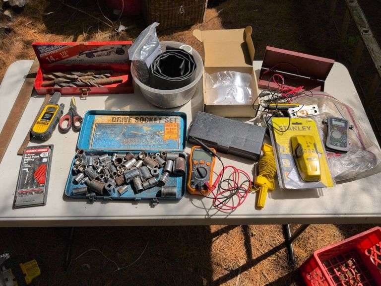 Socket set, machete, stud sensor, protective glasses, multimeters, and more