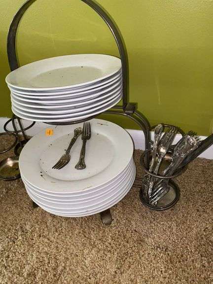 Silver Plated Dish and Silverware Holder, with Silver Plated Utensils and Plates