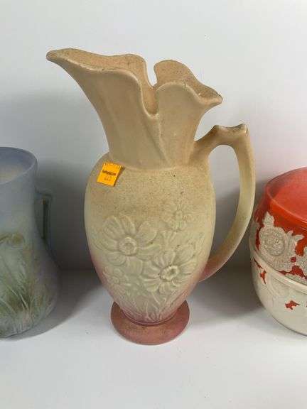2 Pottery Pitchers, Vintage Covered Sugar Bowl