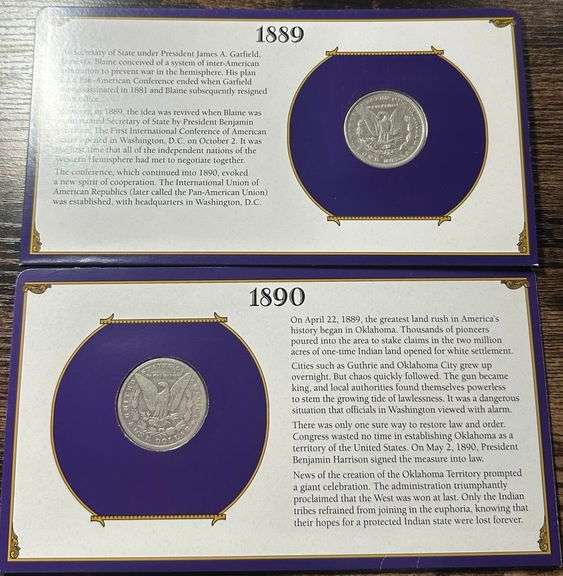 Lot of Two (2) Morgan Silver Dollars with Commemorative Cards & Stamps