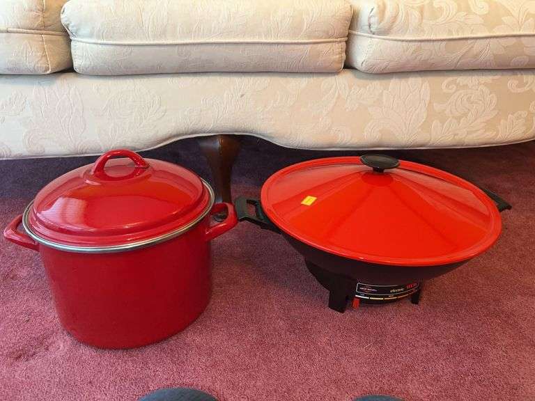 Unmarked Red Stock Pot, West Bend Electric Wok (NO CORD)