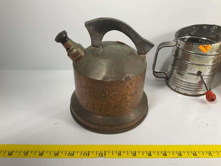 Vintage Sad Iron, Vintage Copper Tea Pot, Vintage Sifter, Nut Cracker Bowl
