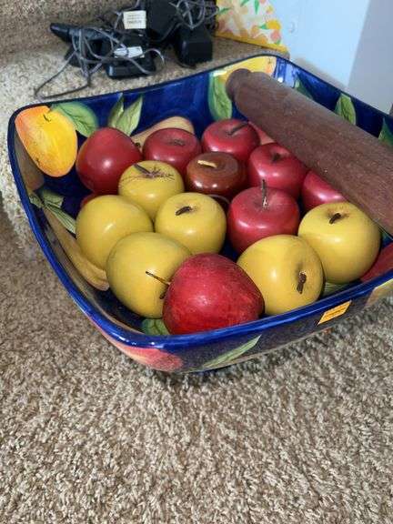 Tabletops Unlimited Orchard Fruit Pedestal Bowl with Wooden Apples and Wooden Rolling Pin