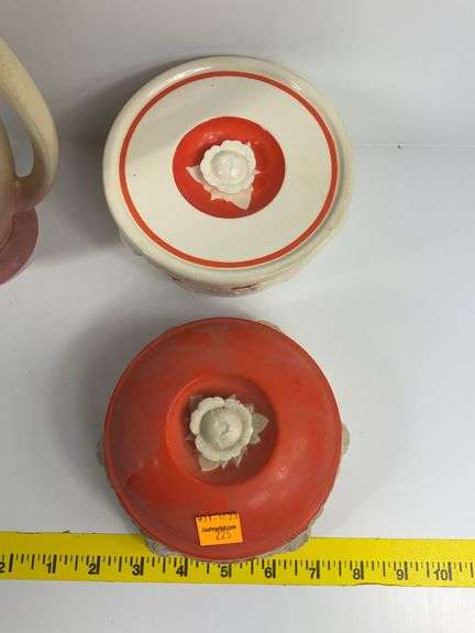 2 Pottery Pitchers, Vintage Covered Sugar Bowl