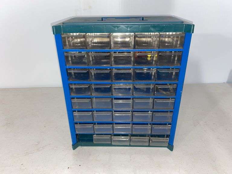 Metal Organizer With Plastic Drawers ,Nuts, Washers , Bolts , Has One Drawer Missing
