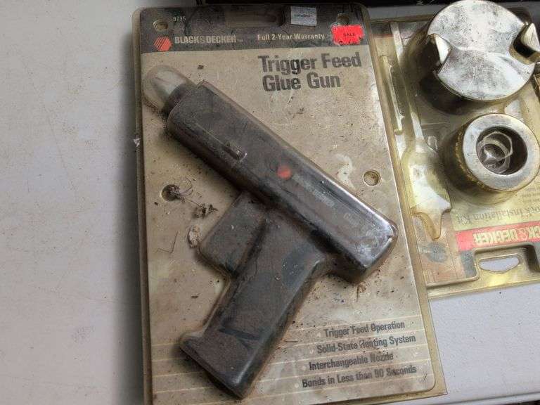 Glue gun, drill bits, clamp, and other tools